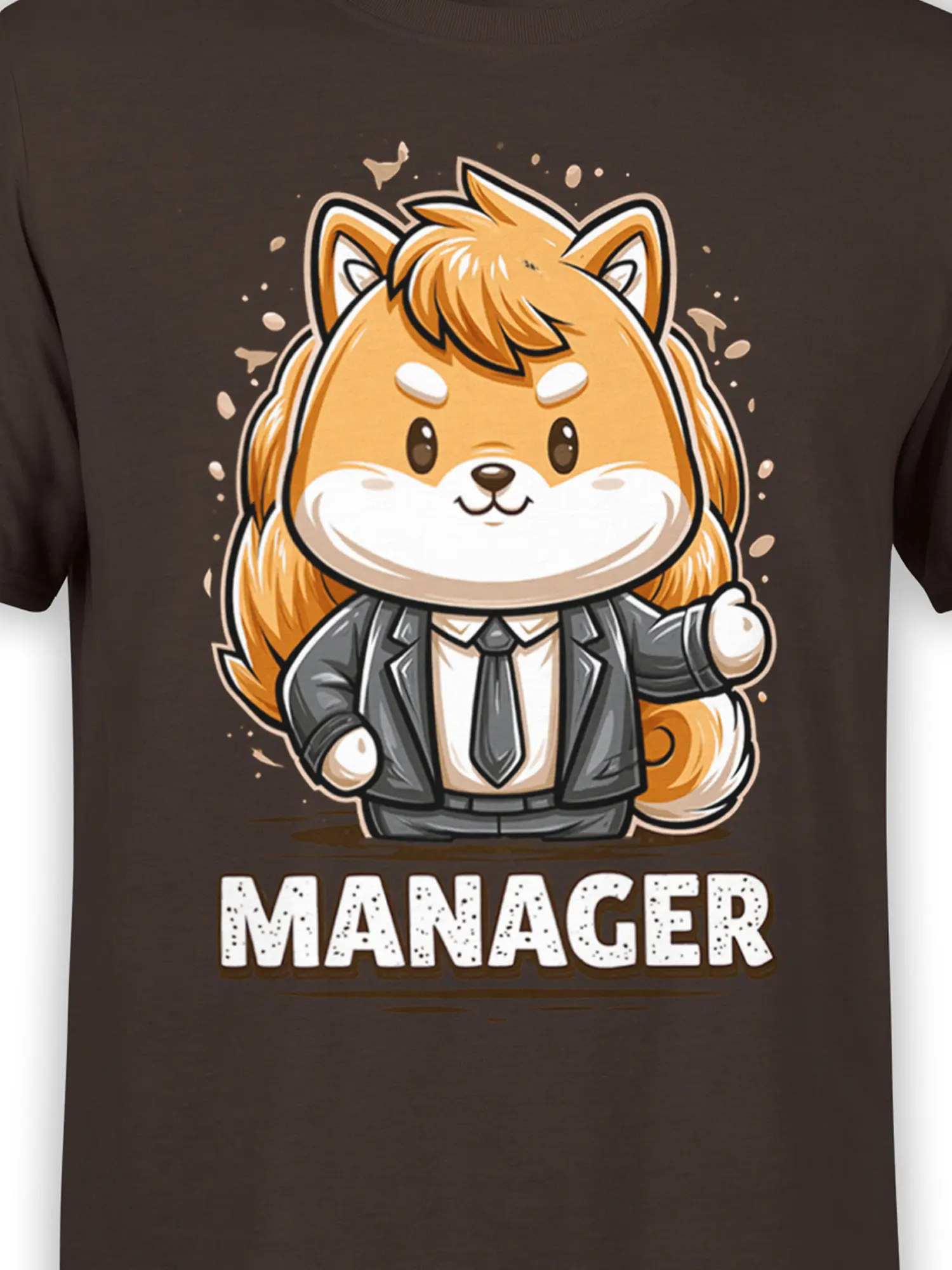Close-up of chibi Shiba Inu manager graphic and MANAGER text printed on brown cotton T-shirt