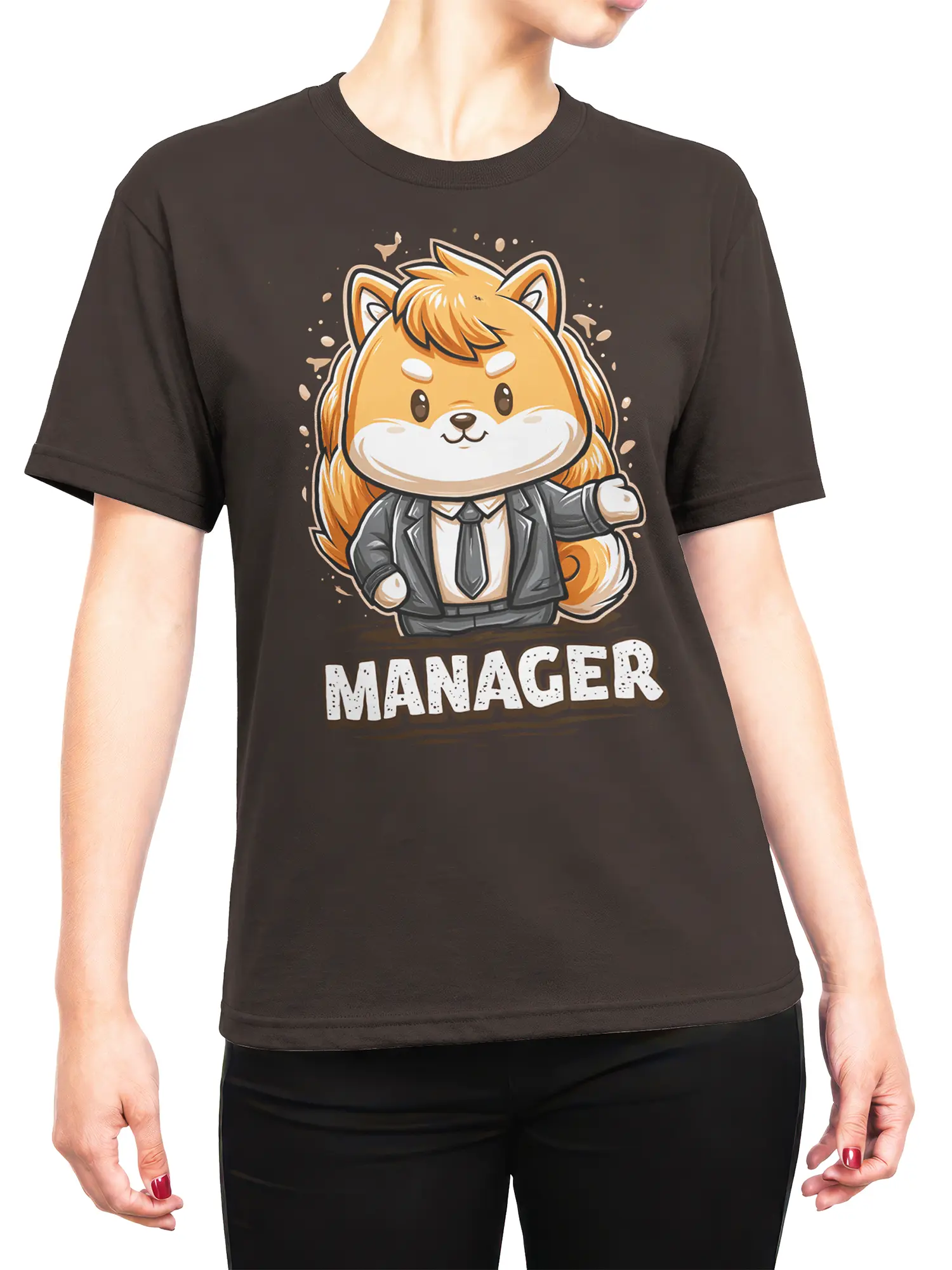 Woman wearing brown Shiba Inu manager T-shirt with cute dog in suit and MANAGER text