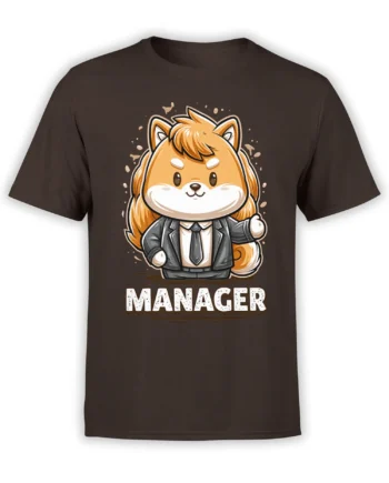 Front view of brown unisex T-shirt with cute chibi Shiba Inu manager in a suit above bold MANAGER text, ideal for office humor and dog fans