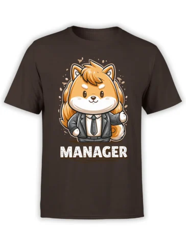Front view of brown unisex T-shirt with cute chibi Shiba Inu manager in a suit above bold MANAGER text, ideal for office humor and dog fans