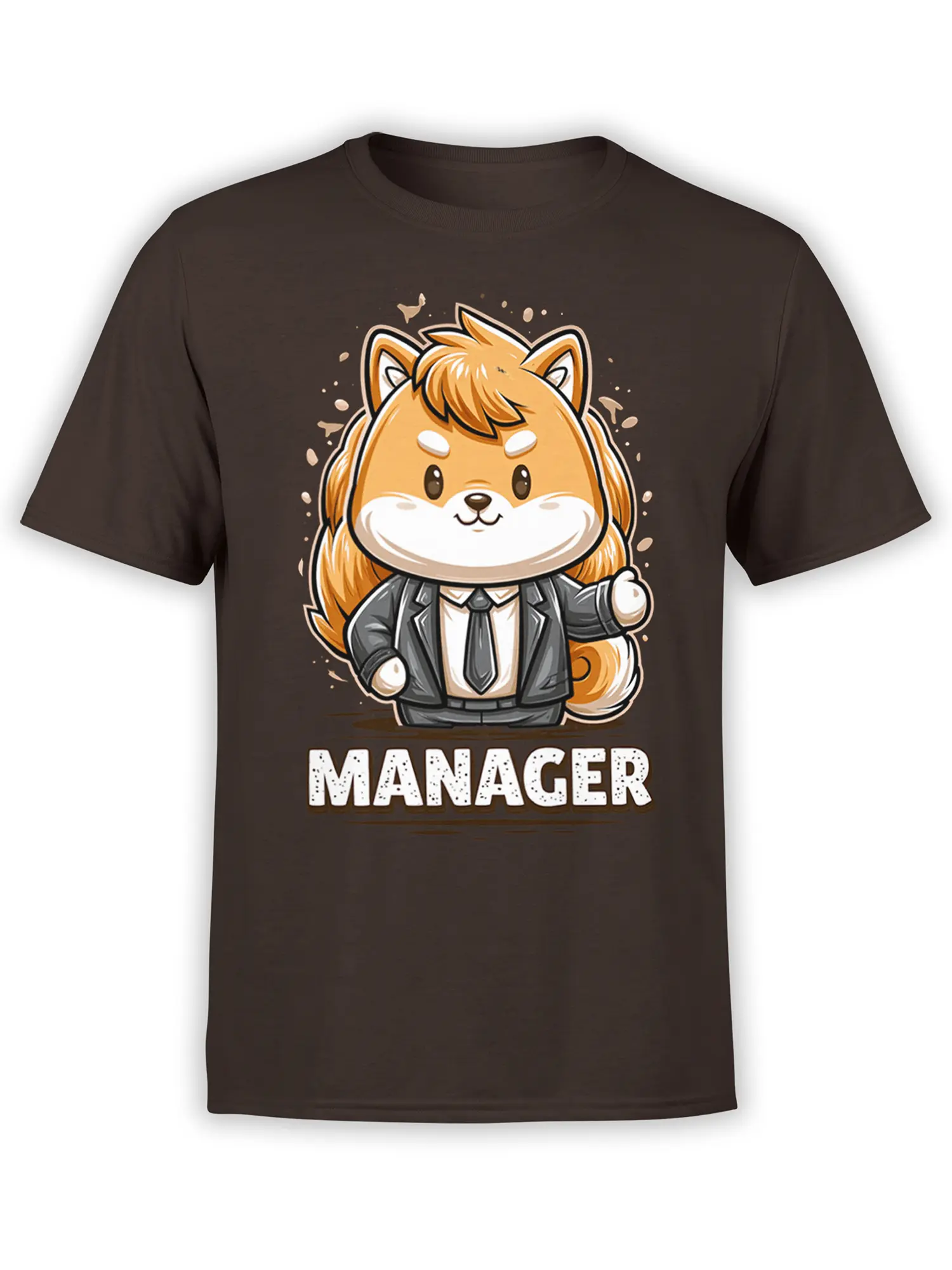Front view of brown unisex T-shirt with cute chibi Shiba Inu manager in a suit above bold MANAGER text, ideal for office humor and dog fans
