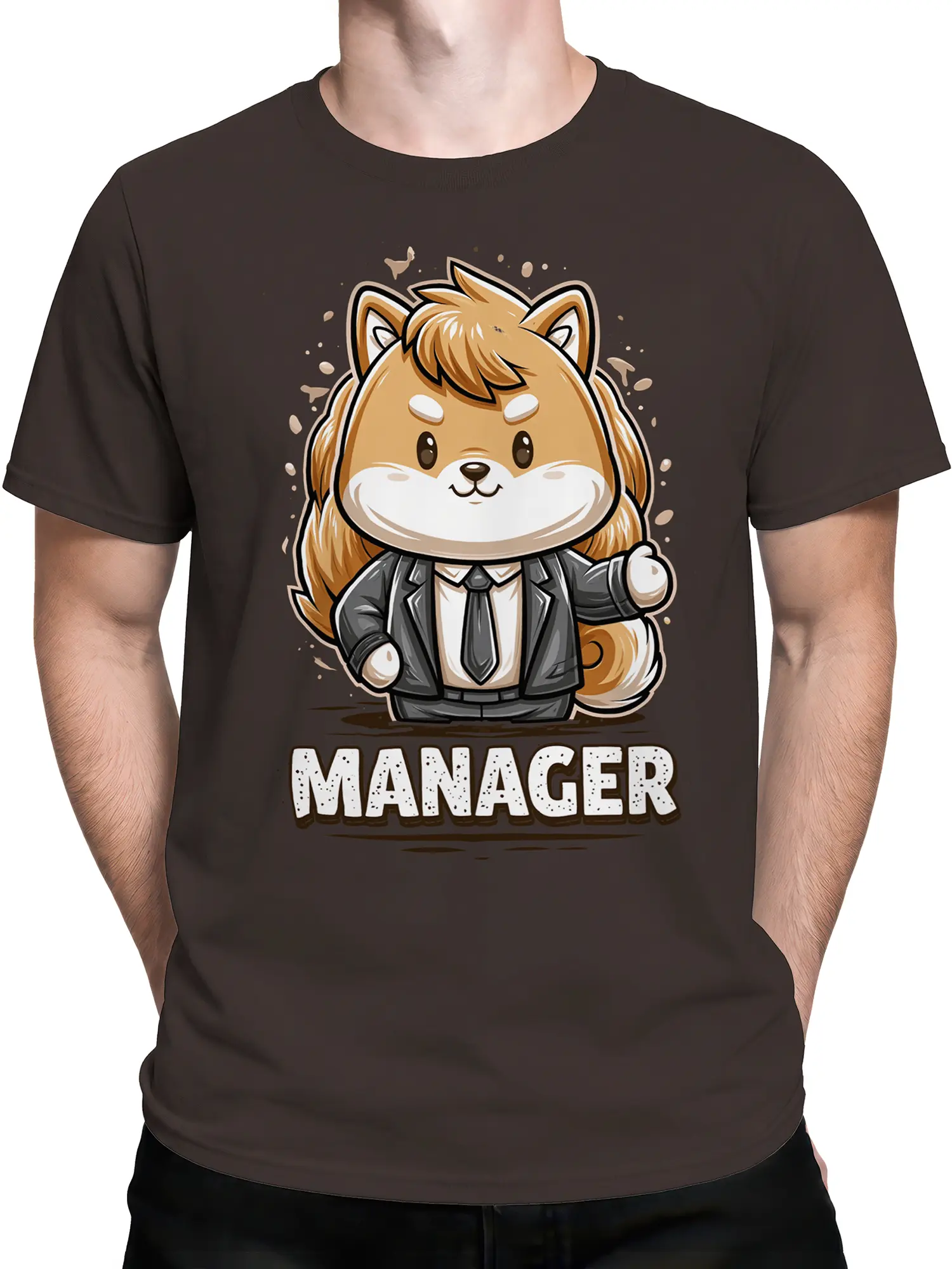 Man wearing brown Shiba Inu manager T-shirt featuring chibi dog in suit and MANAGER text