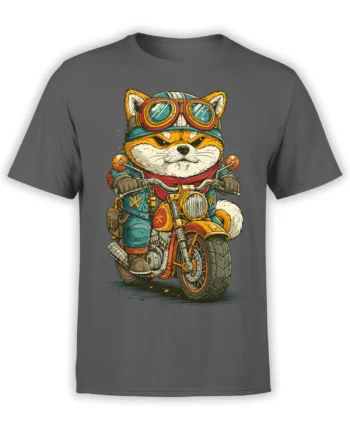 gray unisex t-shirt with detailed graphic of a grumpy shiba inu in goggles riding a vintage motorcycle