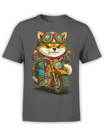 gray unisex t-shirt with detailed graphic of a grumpy shiba inu in goggles riding a vintage motorcycle