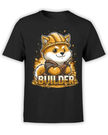 Black unisex T-shirt with cute Shiba Inu construction worker in yellow hard hat standing over bold BUILDER text