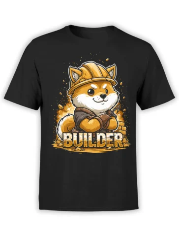 Black unisex T-shirt with cute Shiba Inu construction worker in yellow hard hat standing over bold BUILDER text