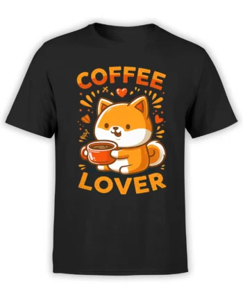 black unisex t-shirt with cute orange shiba inu holding a coffee cup and coffee lover text in orange lettering