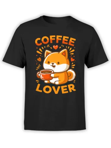 black unisex t-shirt with cute orange shiba inu holding a coffee cup and coffee lover text in orange lettering