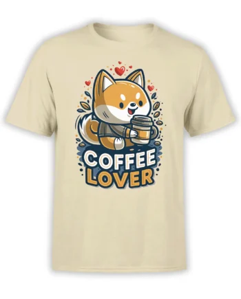 Beige unisex t-shirt with cute cartoon Shiba Inu holding a coffee cup and bold Coffee Lover text, surrounded by hearts and coffee beans
