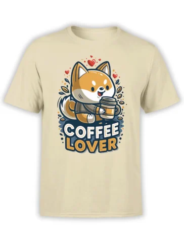 Beige unisex t-shirt with cute cartoon Shiba Inu holding a coffee cup and bold Coffee Lover text, surrounded by hearts and coffee beans