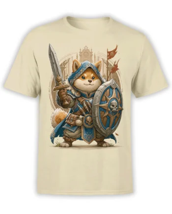 Beige unisex T-shirt with detailed Shiba Inu warrior in blue hood and armor holding a sword and shield in front of a fantasy castle backdrop