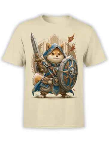 Beige unisex T-shirt with detailed Shiba Inu warrior in blue hood and armor holding a sword and shield in front of a fantasy castle backdrop
