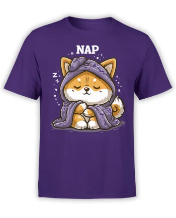 purple unisex t-shirt with cute Shiba Inu wrapped in a blanket under the word NAP, surrounded by stars and Zs