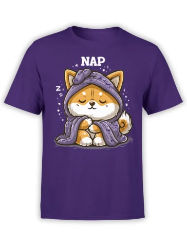 purple unisex t-shirt with cute Shiba Inu wrapped in a blanket under the word NAP, surrounded by stars and Zs