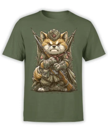 olive green unisex t-shirt featuring an angry shiba inu soldier with rifle and flags in a detailed warrior dog illustration