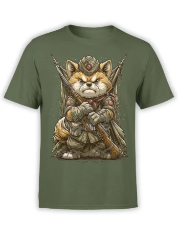 olive green unisex t-shirt featuring an angry shiba inu soldier with rifle and flags in a detailed warrior dog illustration