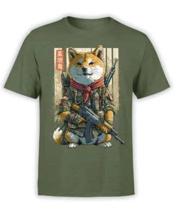 green unisex t-shirt with detailed battle-ready shiba inu in tactical military gear holding a rifle in front view
