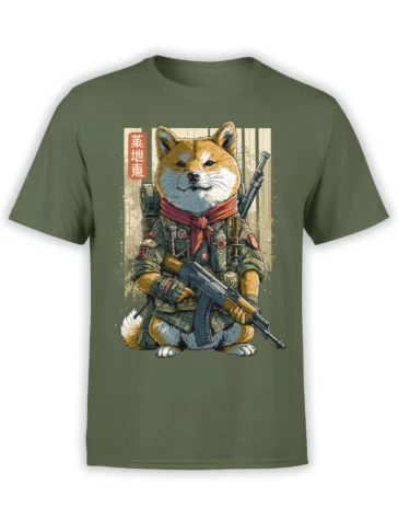 green unisex t-shirt with detailed battle-ready shiba inu in tactical military gear holding a rifle in front view