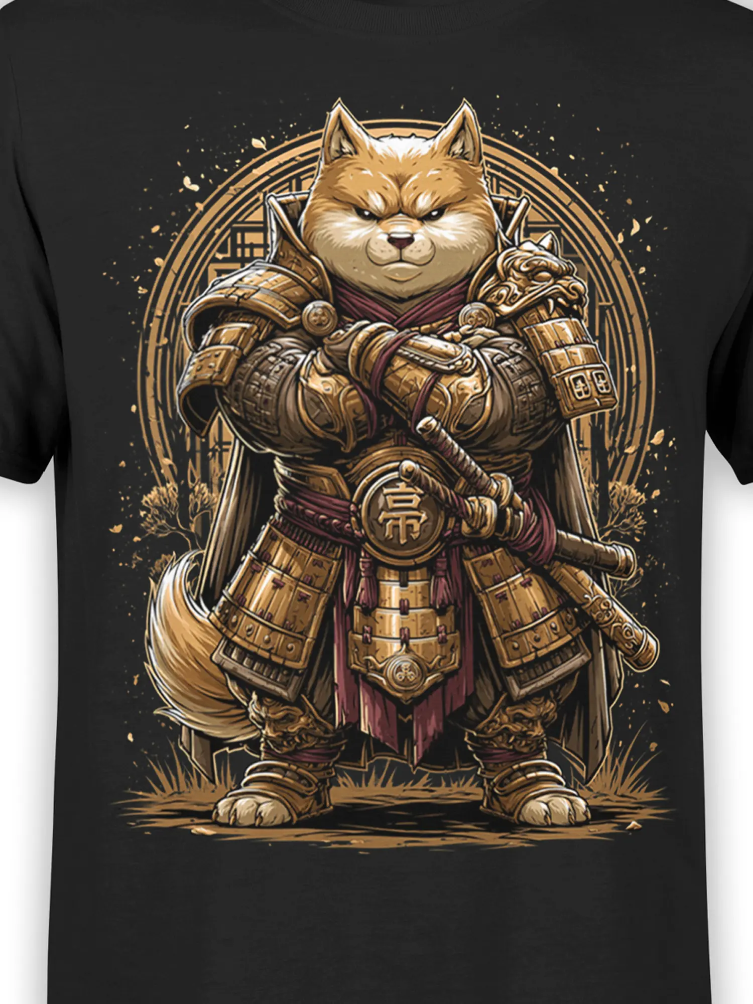 Close-up of the samurai Shiba Inu armor artwork showing rich gold details and strong linework on the black cotton shirt
