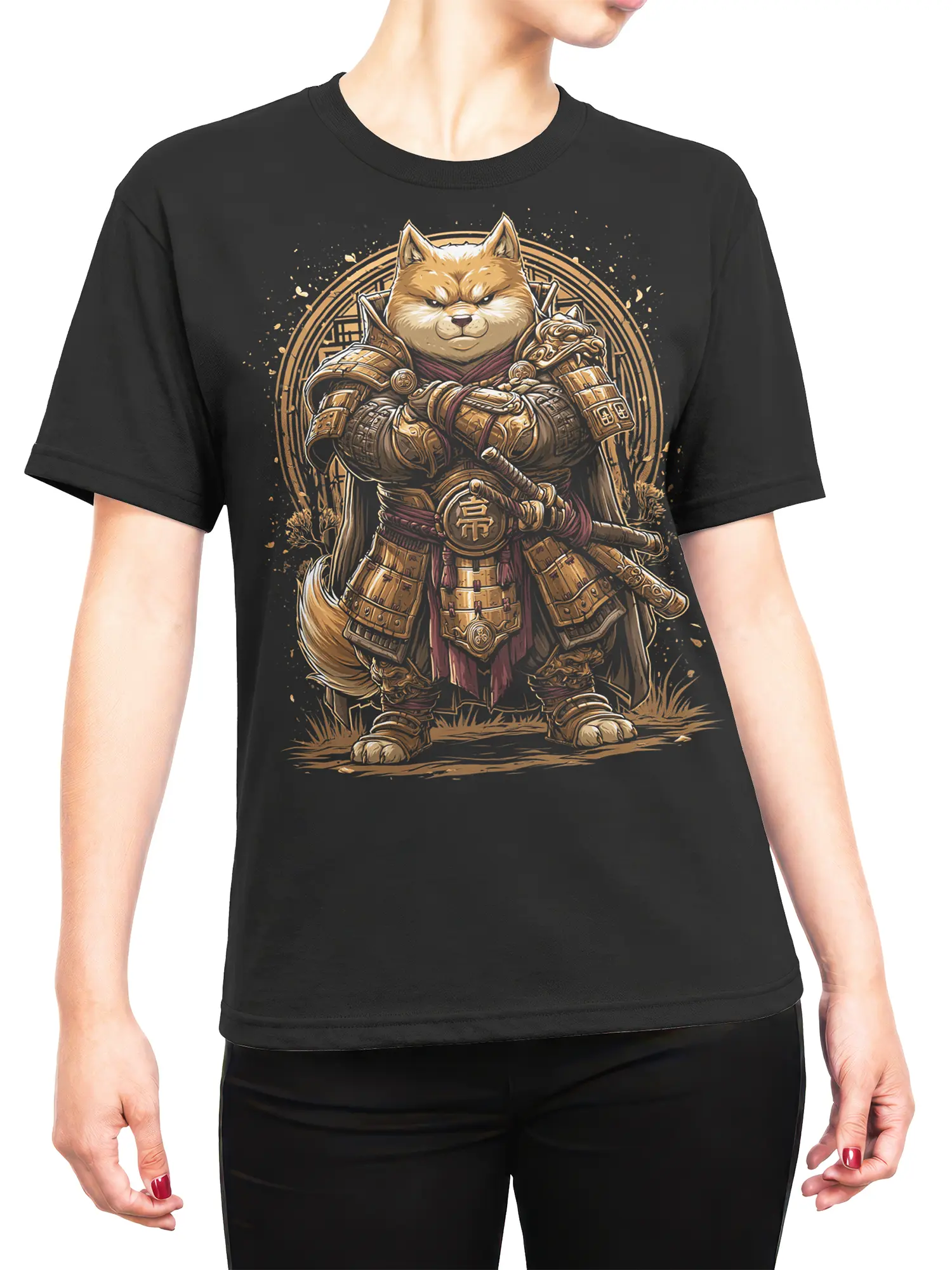 Woman wearing black samurai Shiba Inu t-shirt with bold gold warrior dog artwork centered on the chest