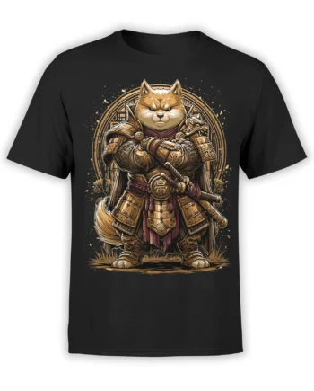 Black unisex t-shirt featuring an epic samurai Shiba Inu in detailed gold armor standing confidently in front of a circular Japanese motif