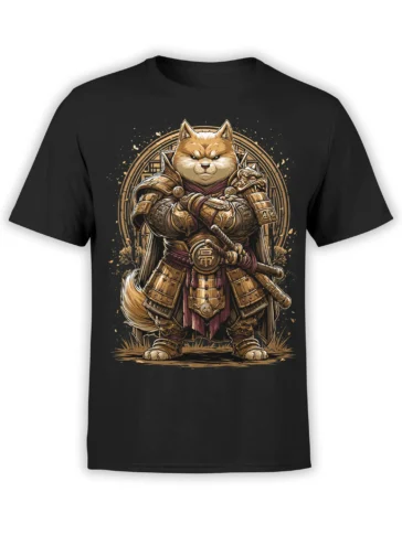 Black unisex t-shirt featuring an epic samurai Shiba Inu in detailed gold armor standing confidently in front of a circular Japanese motif