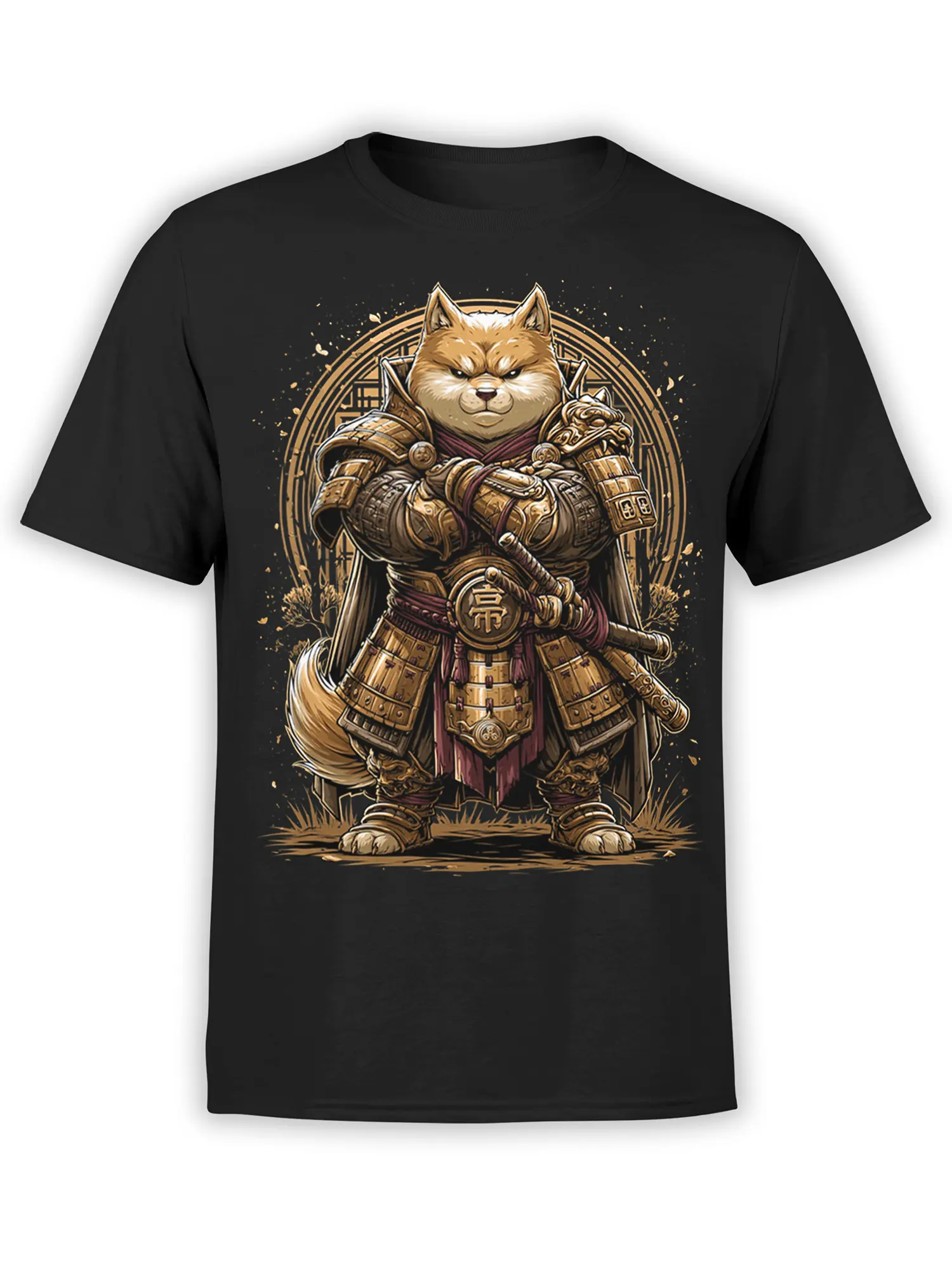 Black unisex t-shirt featuring an epic samurai Shiba Inu in detailed gold armor standing confidently in front of a circular Japanese motif