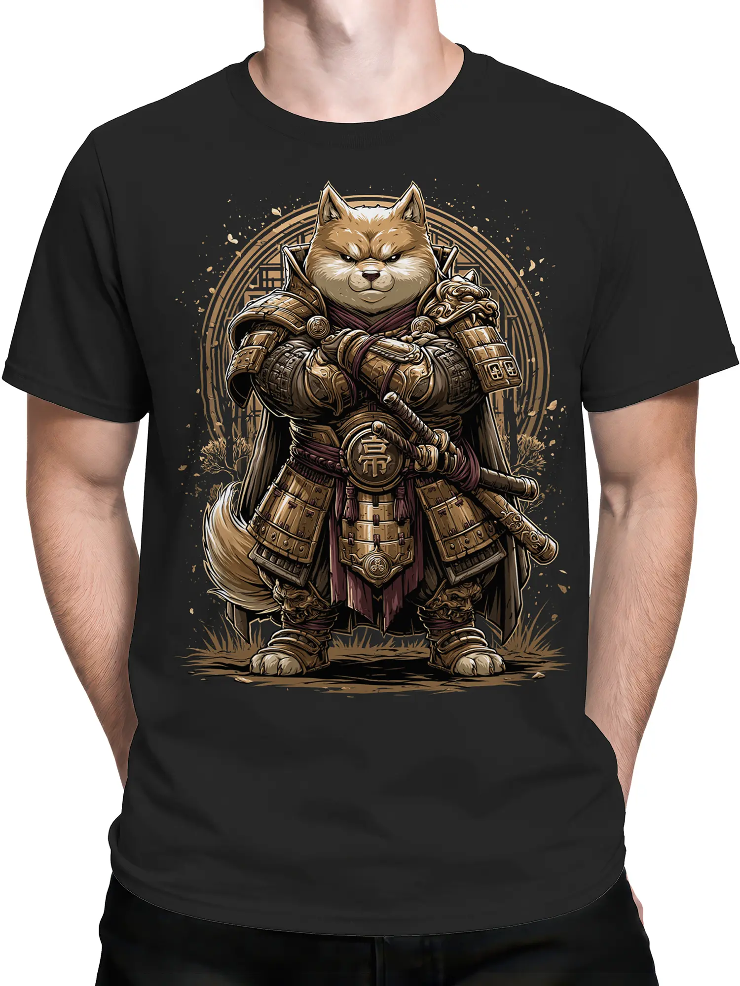 Man wearing black Shiba Inu samurai t-shirt featuring strong gold armor illustration across the front