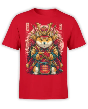 red Samurai Shiba Inu T-shirt with detailed armored dog warrior illustration and Japanese-style circular background