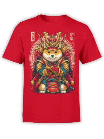red Samurai Shiba Inu T-shirt with detailed armored dog warrior illustration and Japanese-style circular background