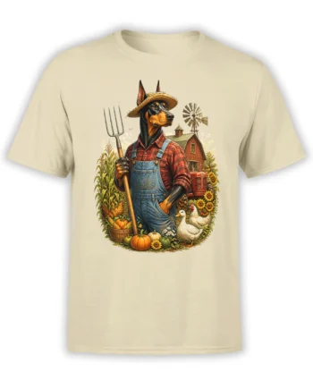 beige unisex t-shirt with detailed graphic of a doberman farmer holding a pitchfork in a rustic barnyard harvest scene