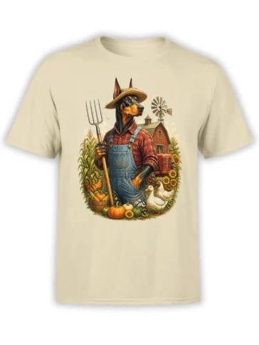 beige unisex t-shirt with detailed graphic of a doberman farmer holding a pitchfork in a rustic barnyard harvest scene