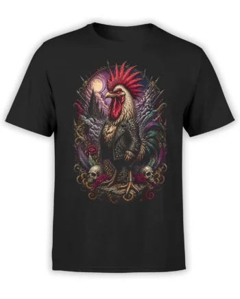 black t-shirt with detailed gothic punk rooster in leather jacket standing on skulls and roses under a full moon