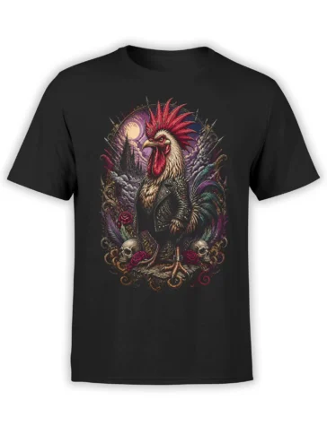 black t-shirt with detailed gothic punk rooster in leather jacket standing on skulls and roses under a full moon