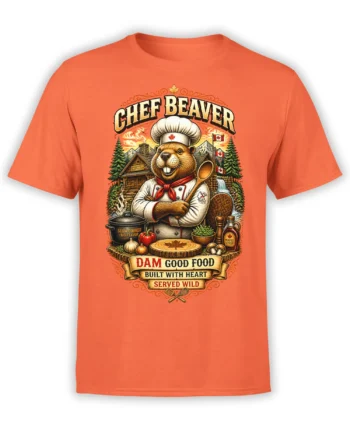 orange unisex t-shirt with detailed chef beaver cooking graphic, Canadian cabin background, and “dam good food” slogan