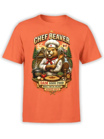 orange unisex t-shirt with detailed chef beaver cooking graphic, Canadian cabin background, and “dam good food” slogan