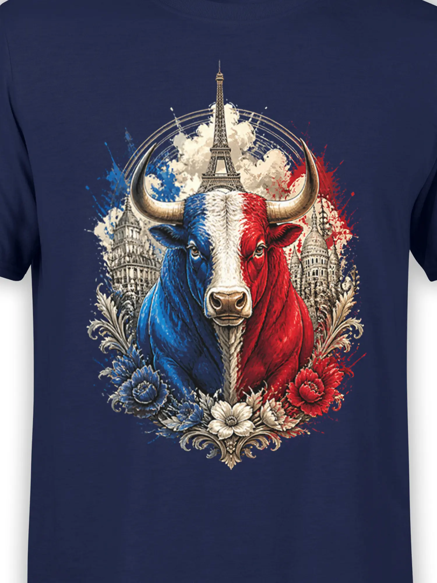 detailed close-up of the tricolor French bull illustration with Eiffel Tower and floral ornaments on a navy cotton shirt
