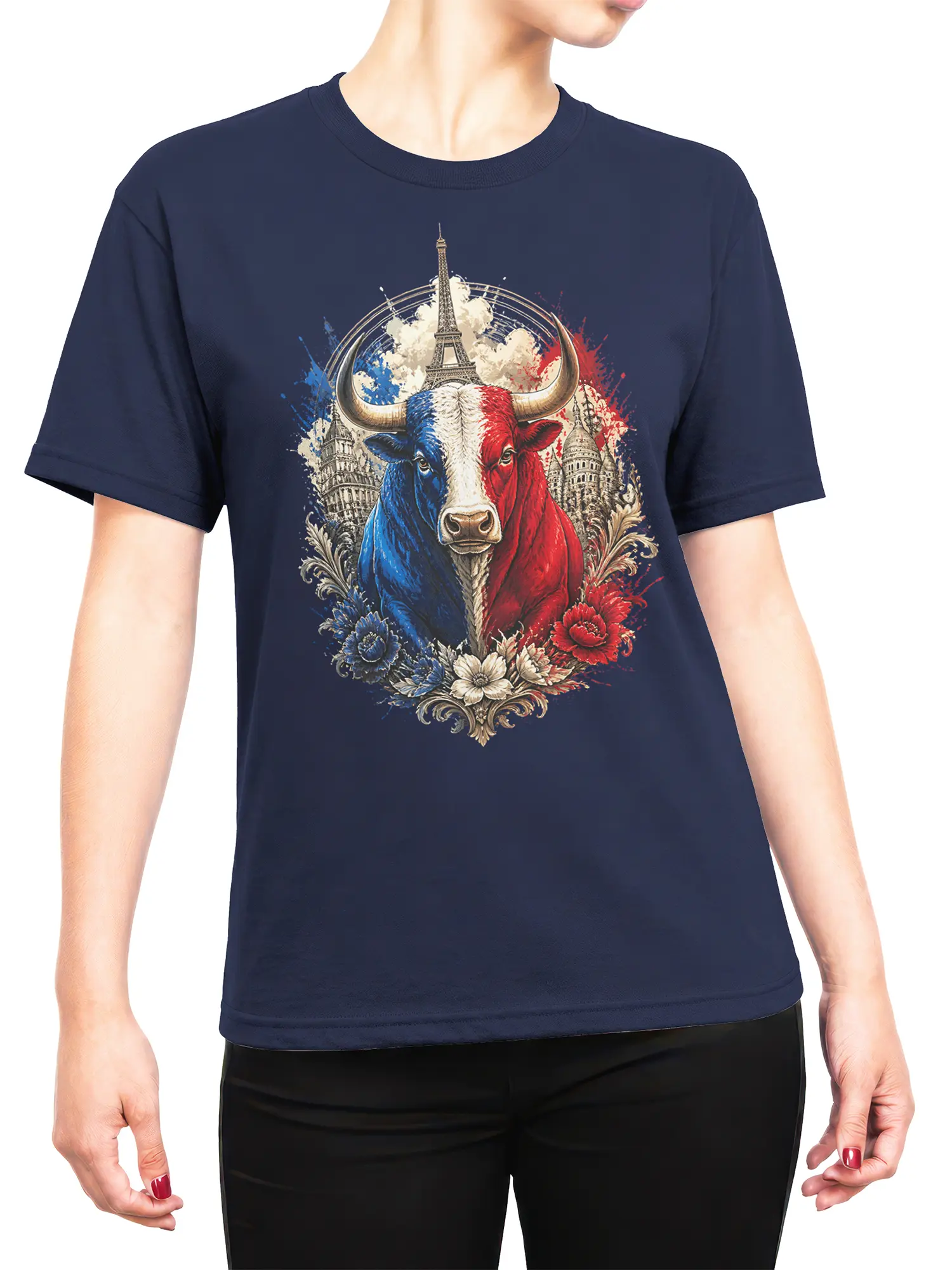 female model wearing navy shirt with tricolor French bull and Eiffel Tower Paris design centered on the chest