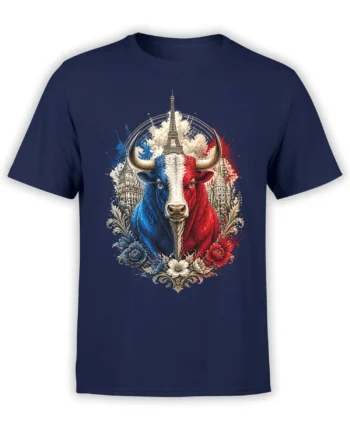 navy unisex t-shirt featuring a blue white and red French bull with the Eiffel Tower and Paris landmarks framed by floral details
