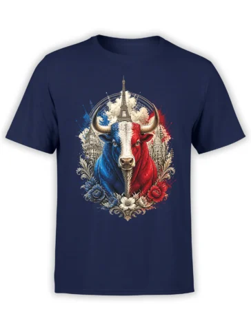navy unisex t-shirt featuring a blue white and red French bull with the Eiffel Tower and Paris landmarks framed by floral details