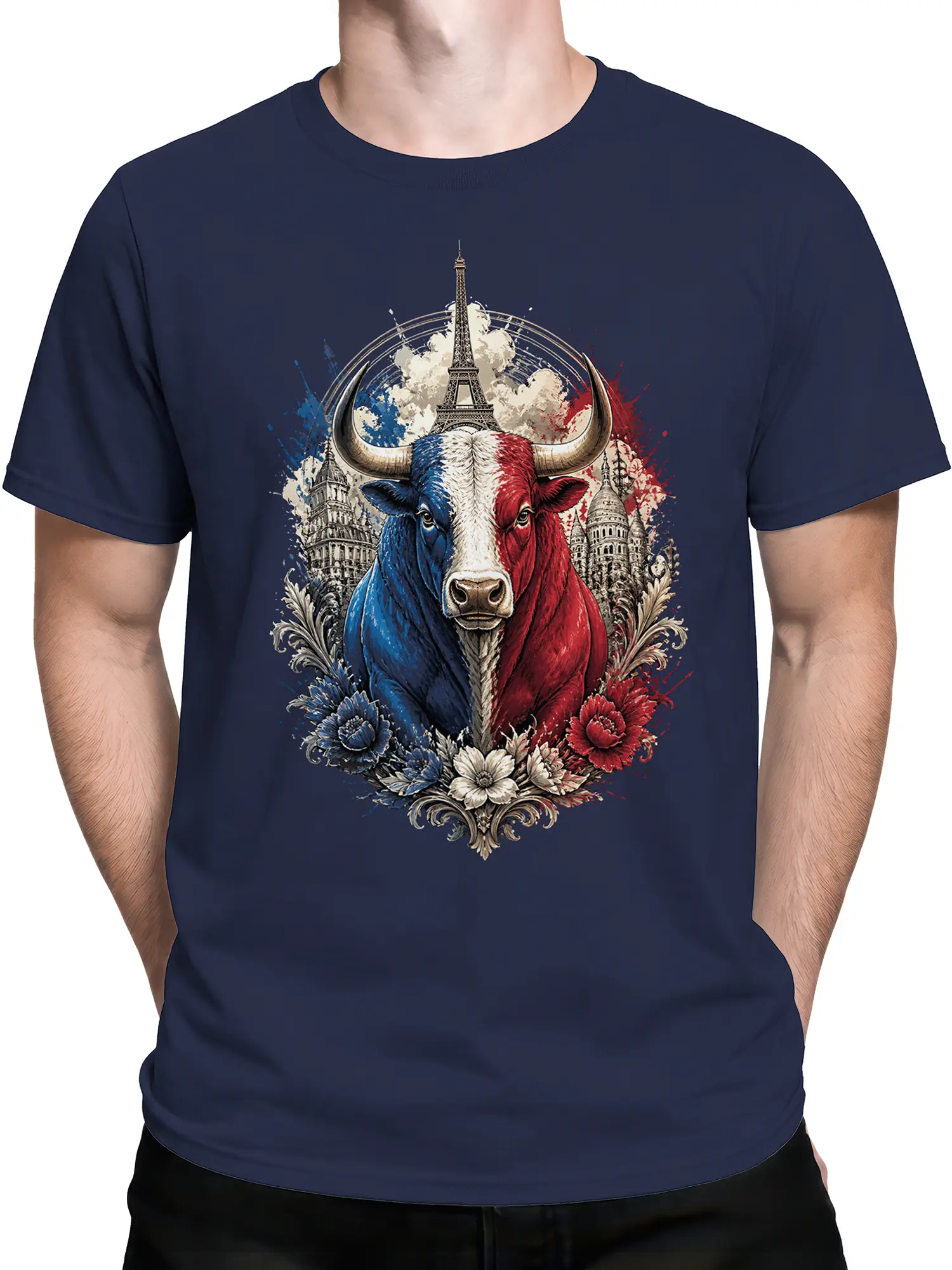 male model wearing navy tee with bold tricolor French bull and Eiffel Tower surrounded by floral details
