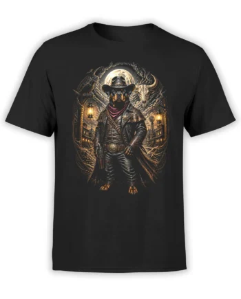 black unisex t-shirt with detailed cowboy sheriff dog standing in a lantern-lit wild west town under a full moon