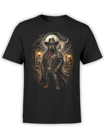 black unisex t-shirt with detailed cowboy sheriff dog standing in a lantern-lit wild west town under a full moon