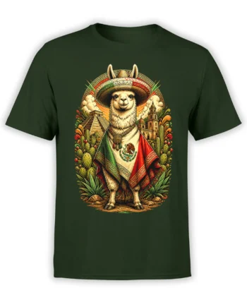 Dark green unisex t-shirt with festive llama in sombrero and Mexican flag poncho framed by pyramids, church towers and desert cacti