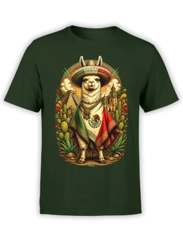 Dark green unisex t-shirt with festive llama in sombrero and Mexican flag poncho framed by pyramids, church towers and desert cacti