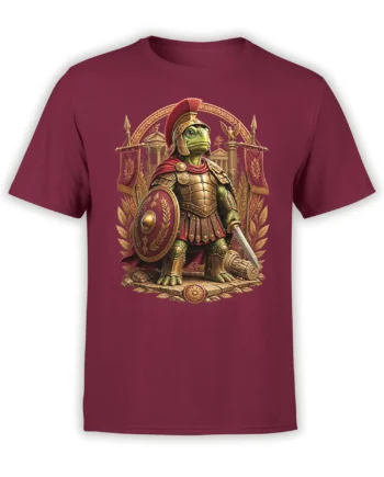 Front view of red unisex t-shirt featuring detailed Roman warrior turtle artwork with shield, sword, and laurel banners