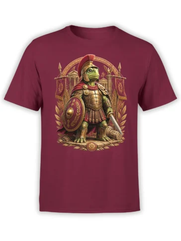 Front view of red unisex t-shirt featuring detailed Roman warrior turtle artwork with shield, sword, and laurel banners