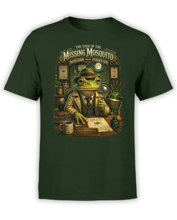 Dark green unisex t-shirt with a detailed vintage frog detective illustration titled The Case of the Missing Mosquito on the front