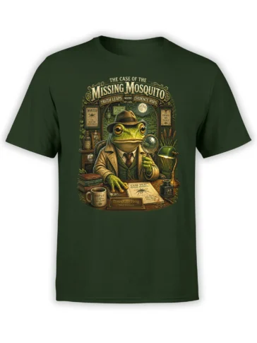 Dark green unisex t-shirt with a detailed vintage frog detective illustration titled The Case of the Missing Mosquito on the front