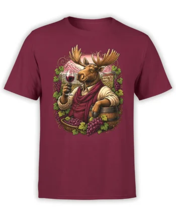 unisex red t-shirt with detailed graphic of a dressed moose tasting red wine among grapes, barrel, and vineyard scenery